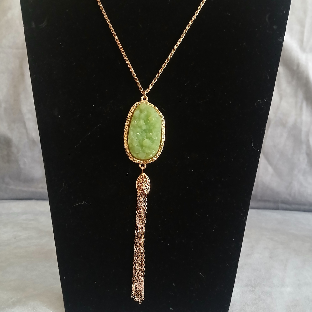 Vintage Druze Pendant Necklace Gold Tone 36" Long Chain Boho Statement Jewelry